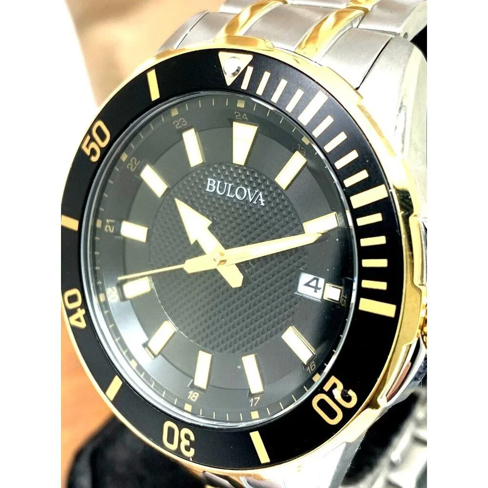 Bulova Men's Watch 98B394 Black Dial Date Quartz Two Tone Stainless Steel 44mm